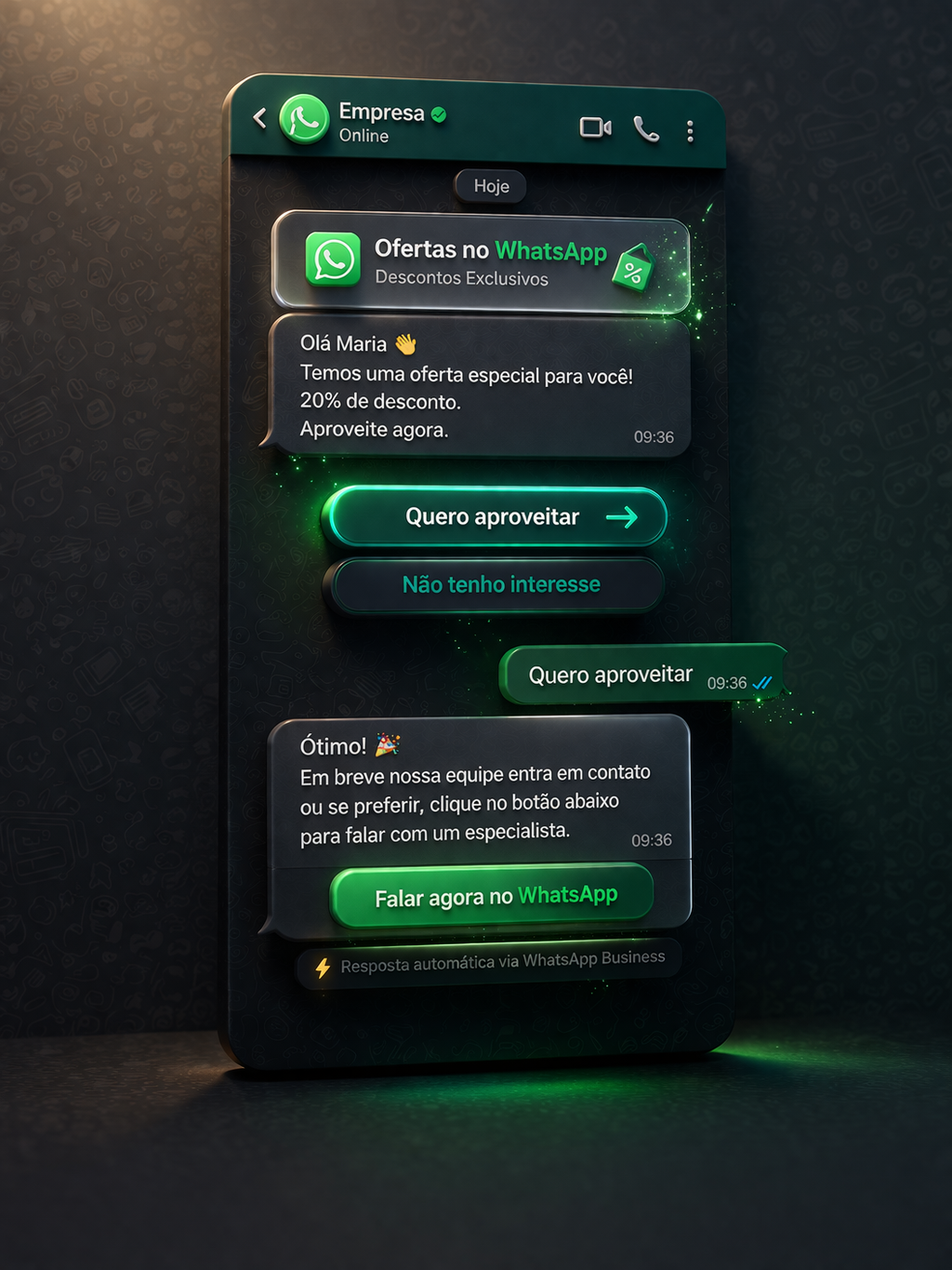 Exemplo de jornada de oferta no WhatsApp com resposta autom&aacute;tica e CTA de convers&atilde;o