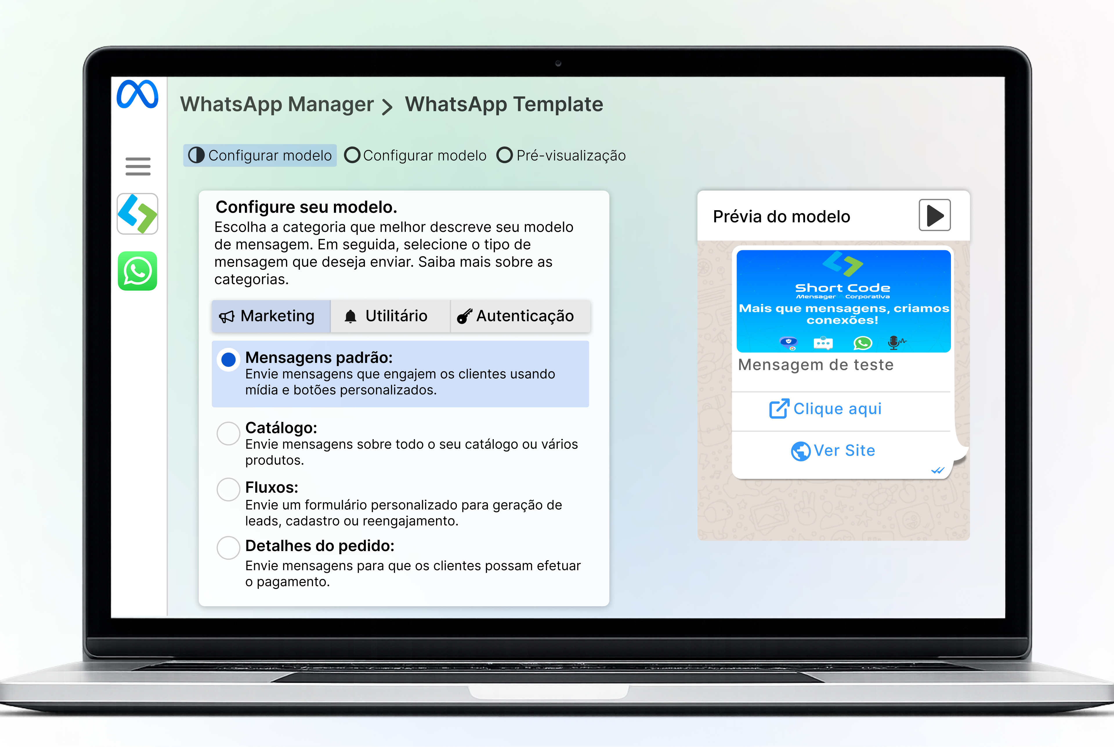 Painel de templates do WhatsApp Oficial com pré-visualização e botões de ação